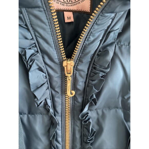 EUC Juicy Couture Teal Blue Quilted Hooded Puffer Down Filled Ruffle Jacket Med - Picture 2 of 13